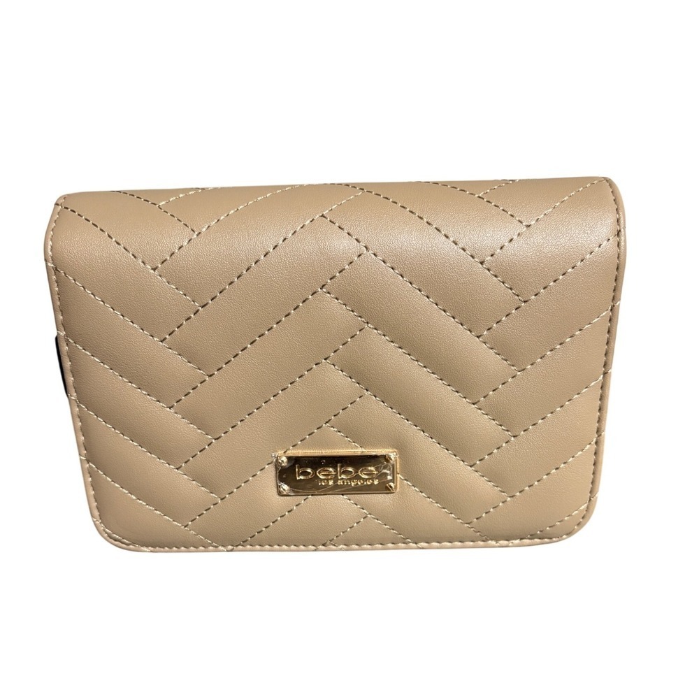 Bebe Sophia Quilted Chevron Flap Wallet Crossbody Bag Taupe Gold Chain New